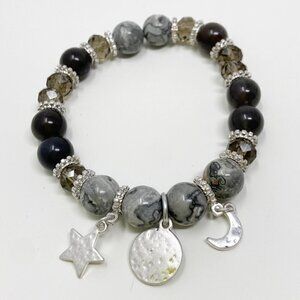Black Gray Beaded Stretch Bracelet w/Crescent Moon, disk & Star Charms